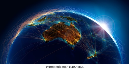 Planet Earth with detailed relief is covered with a complex luminous network of air routes based on real data. Australia and New Zealand. 3D rendering. Elements of this image furnished by NASA