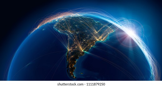 Planet Earth with detailed relief is covered with a complex luminous network of air routes based on real data. South America. 3D rendering. Elements of this image furnished by NASA