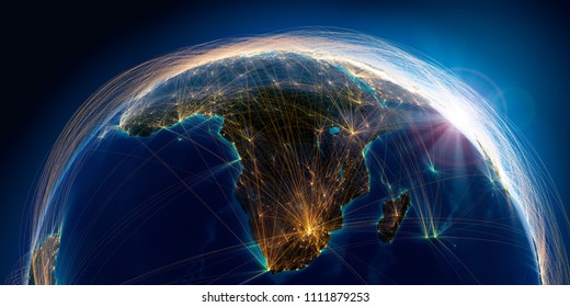 Planet Earth with detailed relief is covered with a complex luminous network of air routes based on real data. South Africa and Madagascar. 3D rendering. Elements of this image furnished by NASA