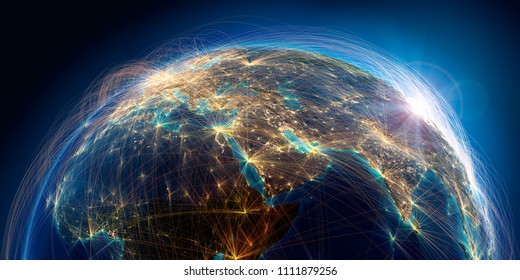 Planet Earth with detailed relief is covered with a complex luminous network of air routes based on real data. Middle East. 3D rendering. Elements of this image furnished by NASA