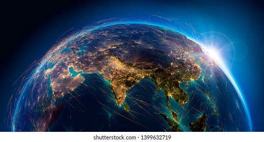 Planet Earth with detailed relief is covered with a complex luminous network of air routes based on real data. India. South-east Asia. 3D rendering. Elements of this image furnished by NASA