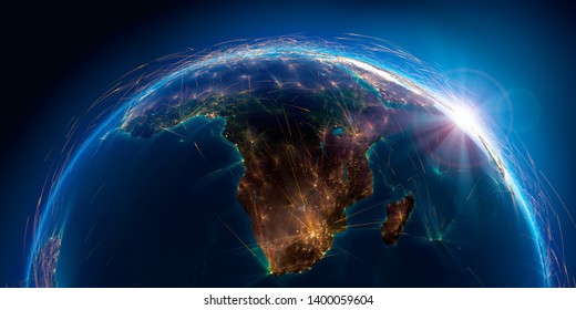Planet Earth with detailed relief is covered with a complex luminous network of air routes based on real data. South Africa and Madagascar. 3D rendering. Elements of this image furnished by NASA