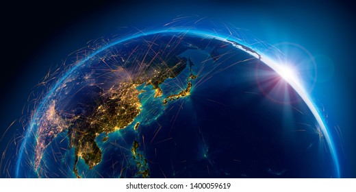 Planet Earth with detailed relief is covered with a complex luminous network of air routes based on real data. Pacific Ocean. Japan, China. 3D rendering. Elements of this image furnished by NASA