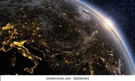 Planet Earth Europe Zone With Night Time And Sunrise. Highly Detailed. 3d Render Using Satellite Imagery (NASA). 