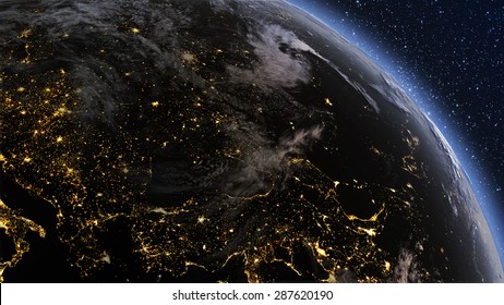 Planet Earth Europe Zone With Night Time And Sunrise. Highly Detailed. 3d Render Using Satellite Imagery (NASA). 