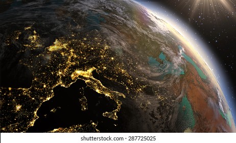 Planet Earth Europe Zone With Night Time And Sunrise. Highly Detailed. 3d Render Using Satellite Imagery (NASA).