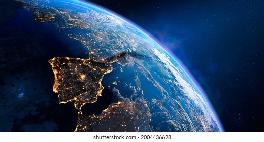 Planète Terre avec un relief précis et une atmosphère volumétrique exagérés. Transition jour et nuit. Europe. L'Espagne et le Portugal au premier plan. Rendu 3D. Éléments de cette image fournis par la NASA