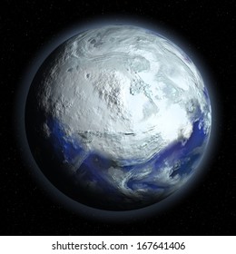 Planet Earth in Glacial Period on universe background
