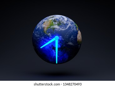 The Planet Earth With Glowing Clock Hands Denoting Time Of Earth Hour 3D 