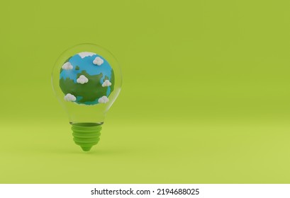 Planet Earth In Light Bulb On Green Background. Clean Energy Use And Conserve The Environment, Reduce Global Warming. 3D Render Illustration.