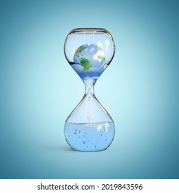 Planet Earth melting inside hourglass, environmental 3d concept, polar ice caps melt down, 3d rendering