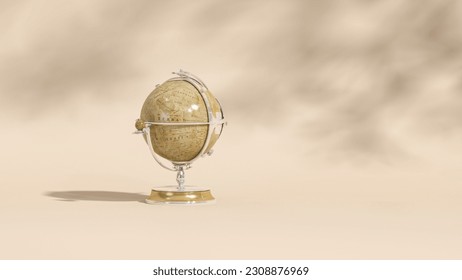 Planet Earth model with world map on base isolated on beige background. Golden World map. Earth Day. Travel Asia Africa America Europe, infographics concepts. 3d render