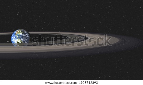 Planet Earth and moon with Saturn ring in outer\
space. 3d render illustration. Elements of this image furnished by\
NASA.