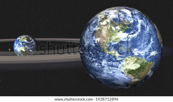 Planet Earth and moon with Saturn ring in outer
space. 3d render illustration. Elements of this image furnished by
NASA.