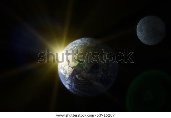 Planet Earth and moon.\
Space sunrise