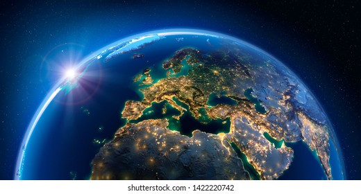 La planète Terre la nuit avec le soleil levant à la lumière des villes illuminant un relief détaillé et exagéré. Europe. Rendu 3D. Éléments de cette image fournis par la NASA