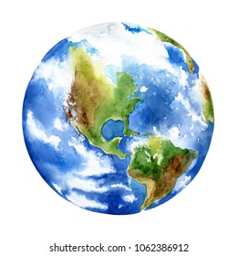 Planet Earth On White Background. Watercolor Illustration