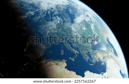 Planet earth from outer space (satelite view from the orbit), zoom in to the Europe, 3d illustration