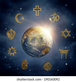 Planet Earth and religious symbols (Elements of this image furnished by NASA))