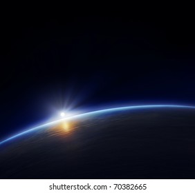 Planet Earth With Rising Sun In Space