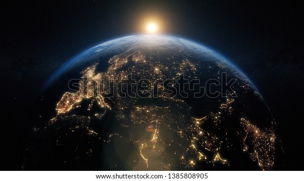 Planet earth\
from space. Beautiful sunrise world skyline. Illustration contains\
space, planet, galaxy, stars, cosmos, sea, earth, sunset, globe. 3d\
illustration. Images from\
NASA