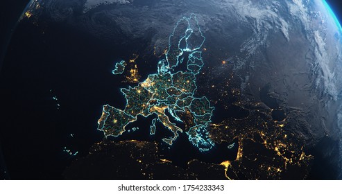 Planet Earth From Space European Union Countries Highlighted Teal Glow, 2020 Political Borders And Counties, City Lights, 3d Illustration