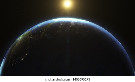 Planet Earth From Space, Fantastic Sunrise. 3D Render With Real Footage Of Planet Earth