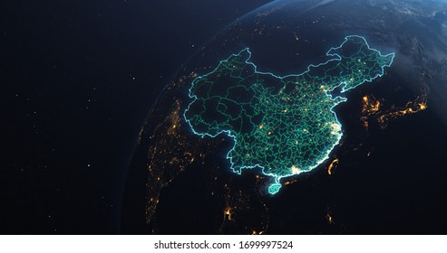 Planet Earth from Space, People's Republic of China teal glow highlighted state borders and counties, city lights, 3d illustration