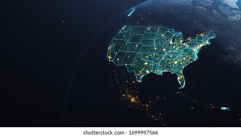 Planet Earth From Space USA, United States Teal Glow Highlighted State Borders And Counties, City Lights, 3d Illustration