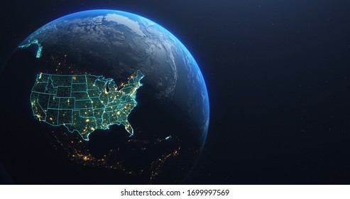 Planet Earth From Space USA, United States Teal Glow Highlighted State Borders And Counties, City Lights, 3d Illustration