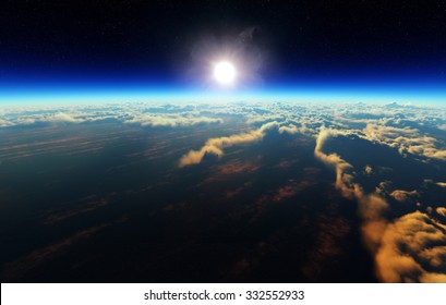 Planet Earth Sunrise Over Cloudy Ocean From Outer Space (3d Artwork)