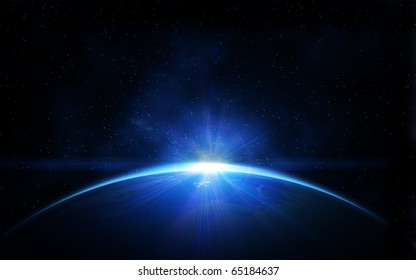 Planet earth with sunrise in space - Shutterstock ID 65184637