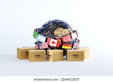 Planet Earth together with flags of different countries and courier parcels. Logistics concept, worldwide package delivery, courier delivery. 3D render, 3D illustration.