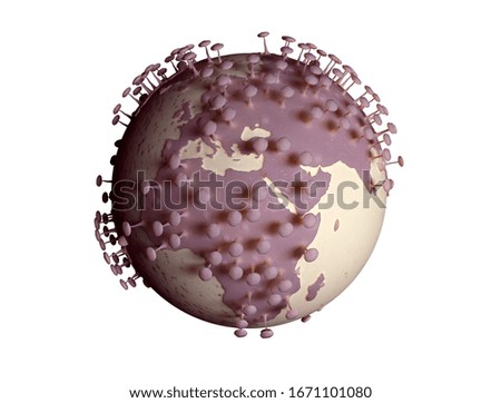 Planet earth transform to virus cell isolated on white background. 3d illustration for corona virus or COVID-19 pandemic