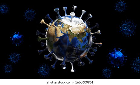 The planet earth transform to virus on isolated black background with clipping path. 3d illustration for corona virus or COVID-19 attack the world. Virus illustration concept for poster and banner.