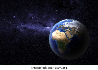 Planet earth - view onto Europe and Africa of a photo realistic and highly detailed computer rendering with atmospheric layer