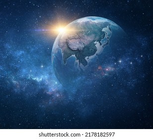 Planet Earth, Viewed From Space Focusing On East Asia. Earth Globe In Deep Space, Stars Shining And Sun Rising On The Horizon. 3D Illustration - Elements Of This Image Furnished By NASA