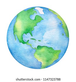 Planet Earth water color illustration. Symbol of life, nature, foundation, ecology, international events. Hand drawn watercolour painting on white background, isolated clip art element for design.