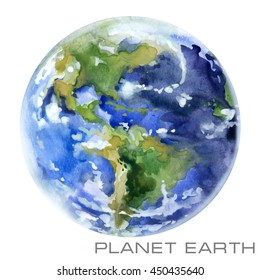 Planet Earth Watercolor Illustration. 