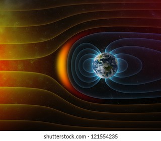 Planet Earth's Magnetic Field Against Sun's Solar Wind (Elements Of This Image Furnished By NASA)