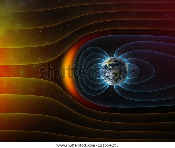planet Earth\'s magnetic field\
against Sun\'s solar wind (Elements of this image furnished by\
NASA)
