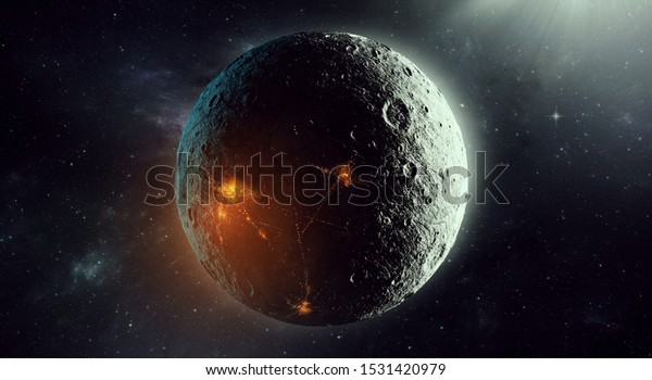 planet with human settlement seen from\
space, futuristic space 3d\
illustration