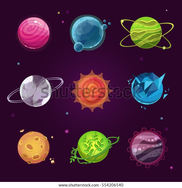 Planet icons for game design. Fantasty game planets\
set. Set of cartoon fantastic planets on space background. Fantasy\
alien planets set