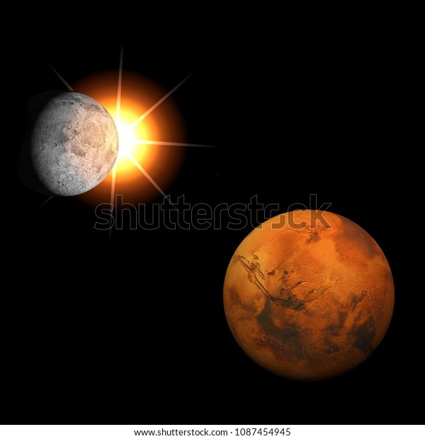 Planet Mars close-up\
with sunrise in\
space