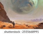 Planet Mars. Cosmonaut in the desert, spaceship and planet, alien planet in space. Oil paintings landscape, concept illustration, texture paint strokes