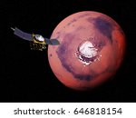 planet Mars exploration, MAVEN space probe in front of the martian north pole (3d render, elements of this image are furnished by NASA)