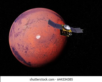 Planet Mars Exploration, MAVEN Space Probe In Front Of The Martian South Pole (3d Illustration, Elements Of This Image Are Furnished By NASA)