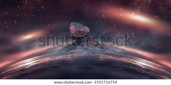 The\
planet Mars. Fantasy landscape of the red planet. Relief of a\
planet with a mountain and a large stone, cosmic sky, neon light\
reflection. Uninhabited planet. 3D illustration.\
