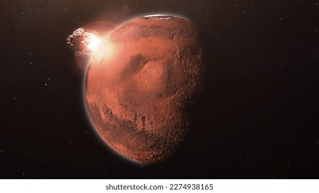 Planet Mars Hit By Asteroid Milky Way Stars Nebula Space Scene 3D Rendering