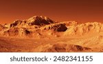 Planet mars illustration, orange red eroded mars surface, science fiction 3D render illustration background.